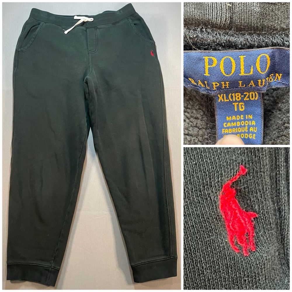 Polo Ralph Lauren Kids Drawstring Waist/Elastic Cuff Sweatpants; Black; XL 18/20